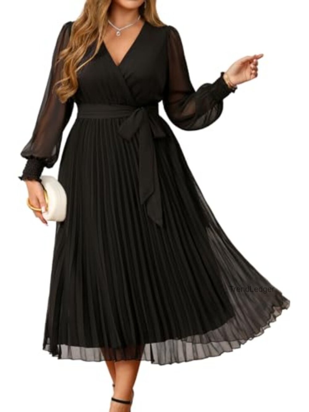 Chiffon Midi Dress Plus Size Wedding Guest Cocktail Formal Pleated V-Neck